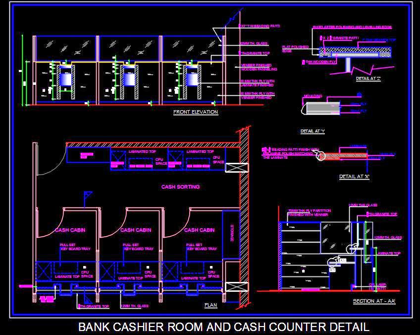 Cashier Room DWG with 3 Cabins & Detailed Counters